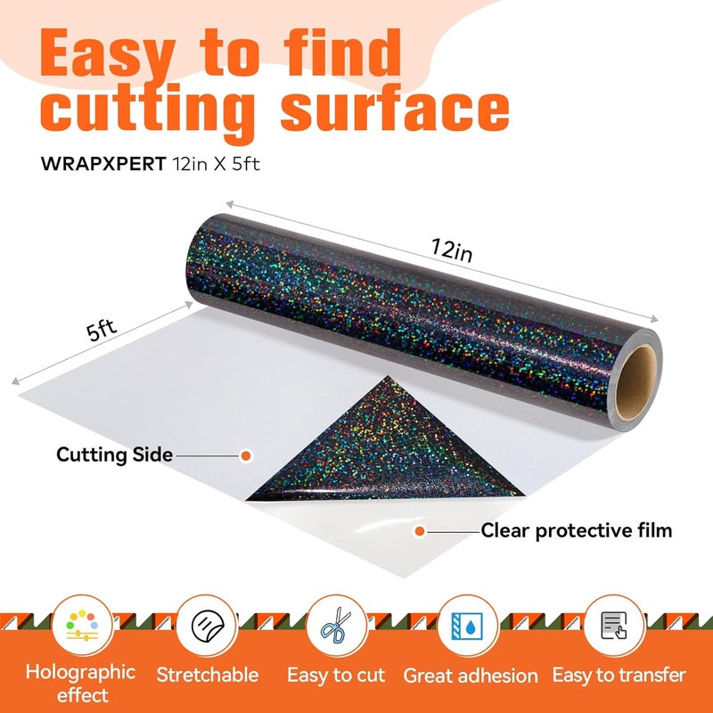 WRAPXPERT Holographic Black HTV Iron on Vinyl Shimmer Heat Transfer Vinyl for T-Shirts, 12''x5ft Holographic Glitter Vinyl Rolls for DIY Clothing Pattern,Stretchable & Washable - Image 4